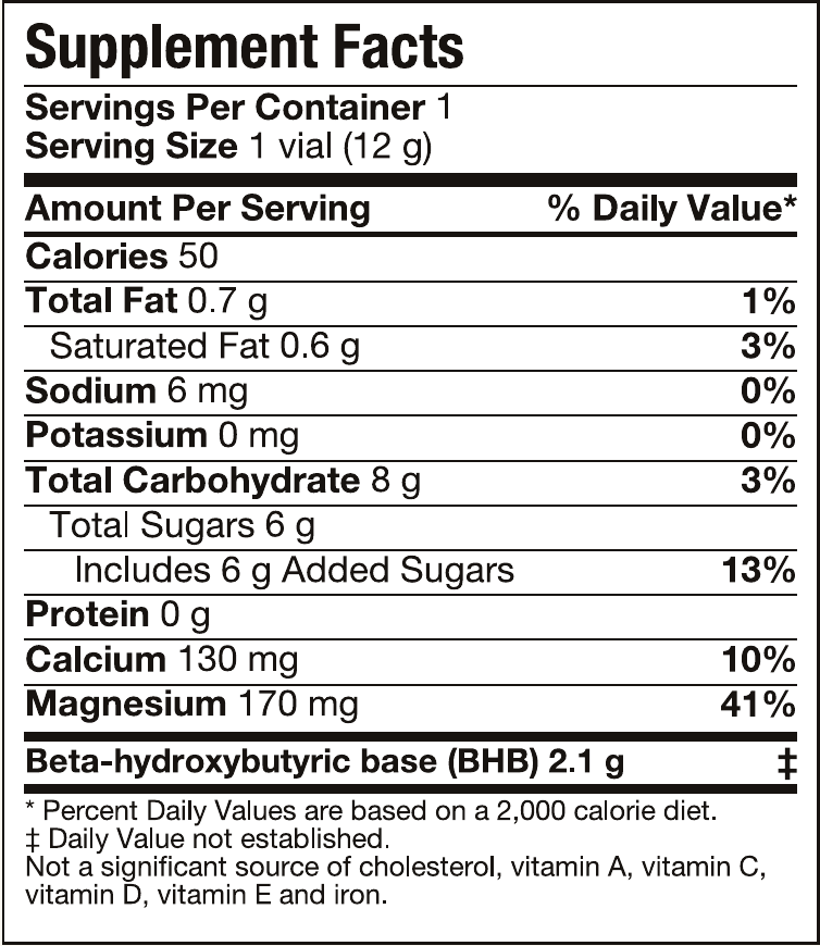 Popz supplement facts: 12 grams, 50 calories and 2.1 grams BHB per vial