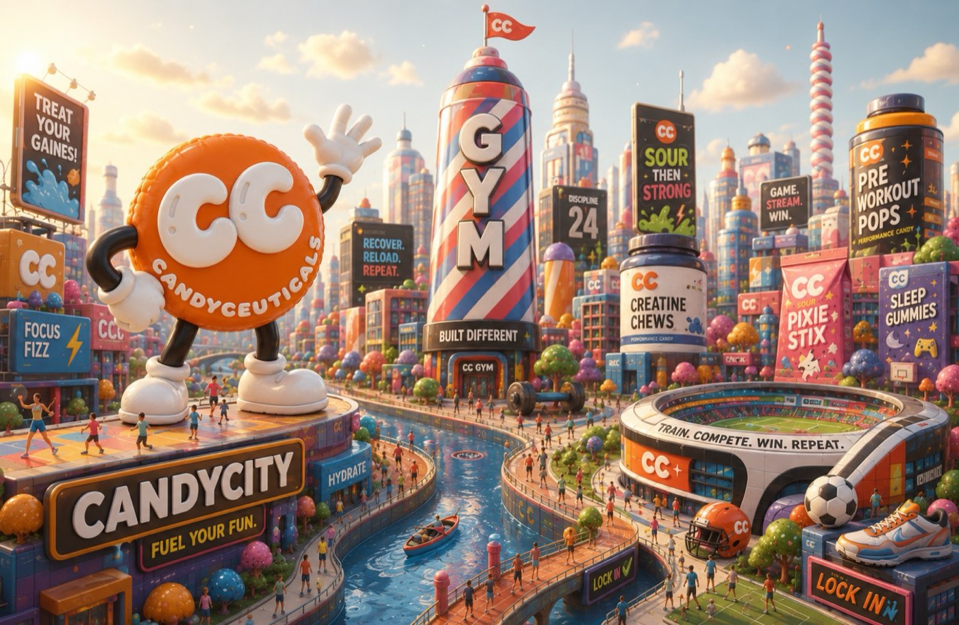 CandyCity, the illustrated world of CandyCeuticals: a candy-built city of gyms, stadiums and billboards