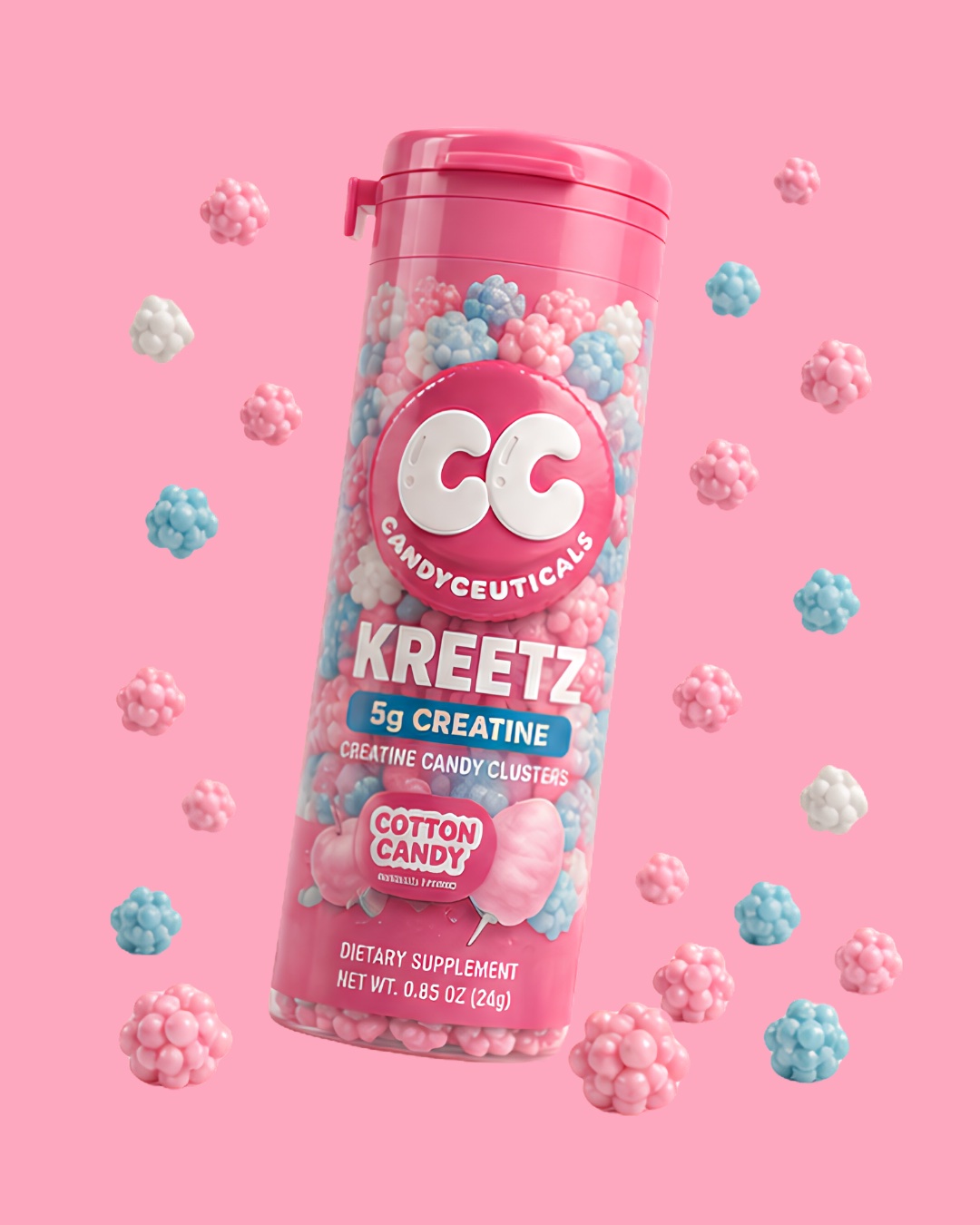 Kreetz Cotton Candy tube among falling candy clusters