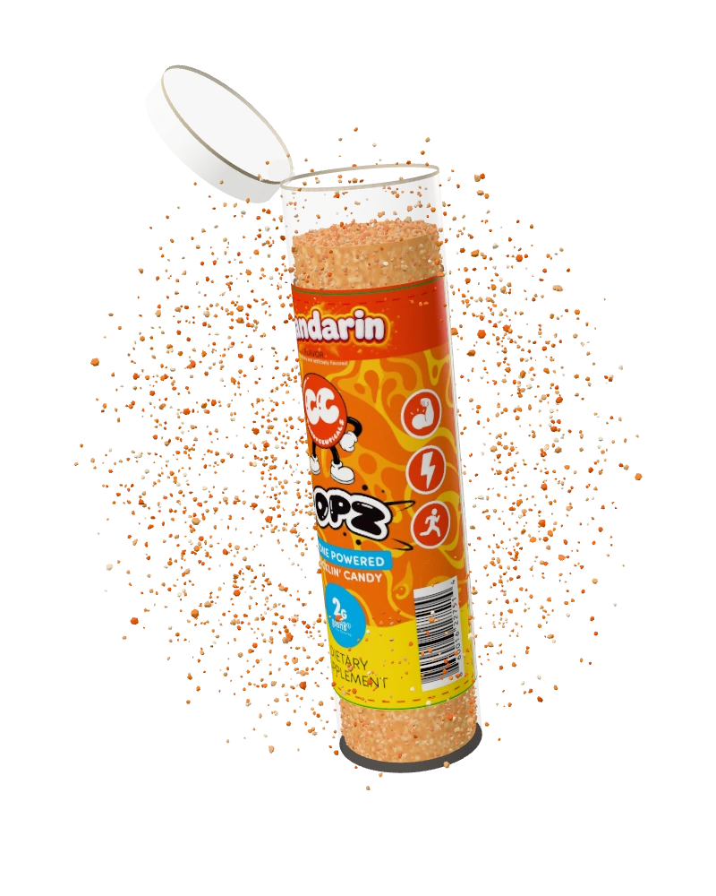 Orange candy bursting from the open POPZ Mandarin vial