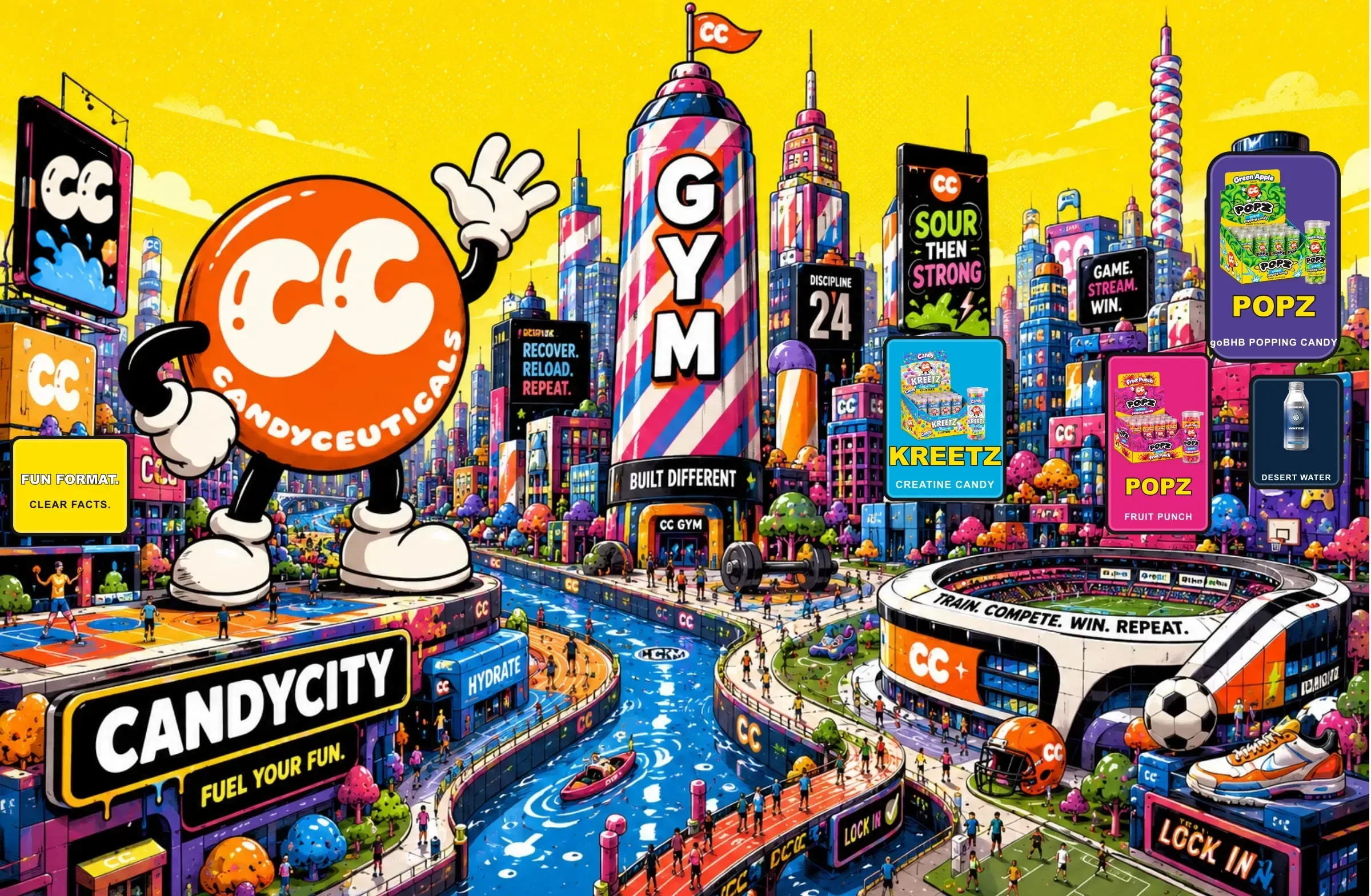 Candy City, with Candy Andy on the left and Kreetz and POPZ billboards on the right